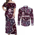 Personalized Manly Warringah Sea Eagles Couples Matching Off Shoulder Maxi Dress and Long Sleeve Button Shirt Aboriginal Pattern with Graffiti Style Design