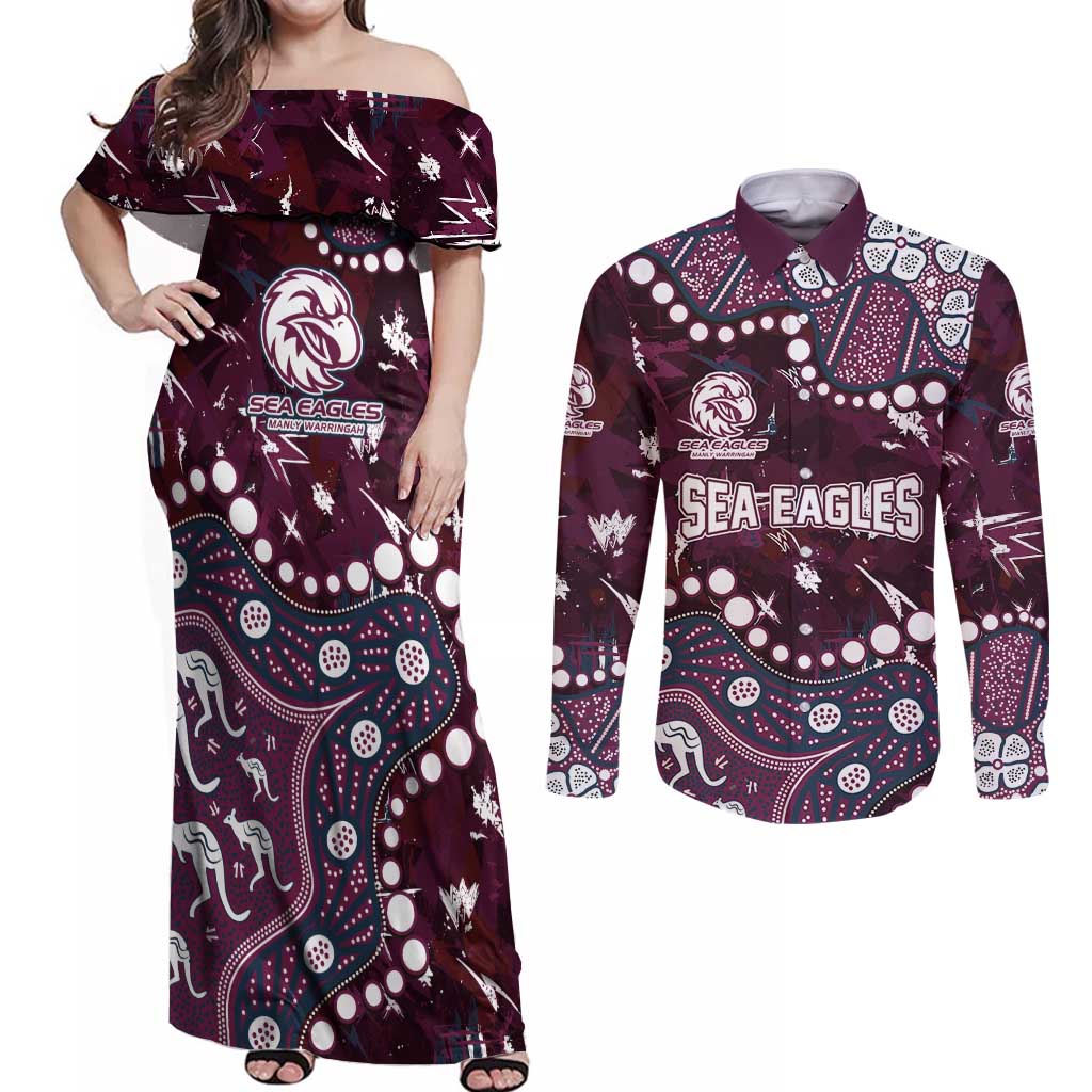 Personalized Manly Warringah Sea Eagles Couples Matching Off Shoulder Maxi Dress and Long Sleeve Button Shirt Aboriginal Pattern with Graffiti Style Design