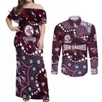 Personalized Manly Warringah Sea Eagles Couples Matching Off Shoulder Maxi Dress and Long Sleeve Button Shirt Aboriginal Pattern with Graffiti Style Design