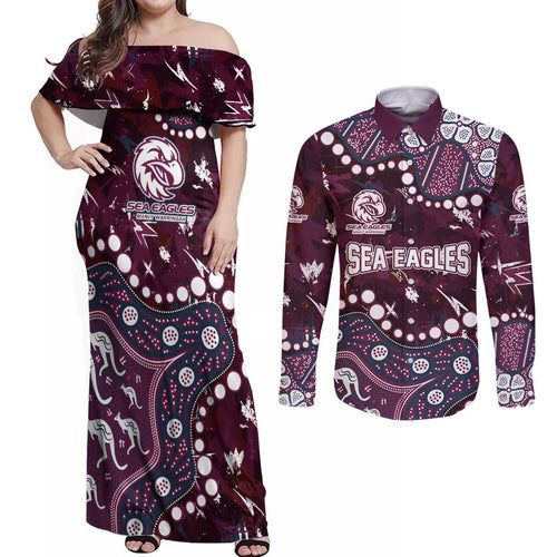 Personalized Manly Warringah Sea Eagles Couples Matching Off Shoulder Maxi Dress and Long Sleeve Button Shirt Aboriginal Pattern with Graffiti Style Design