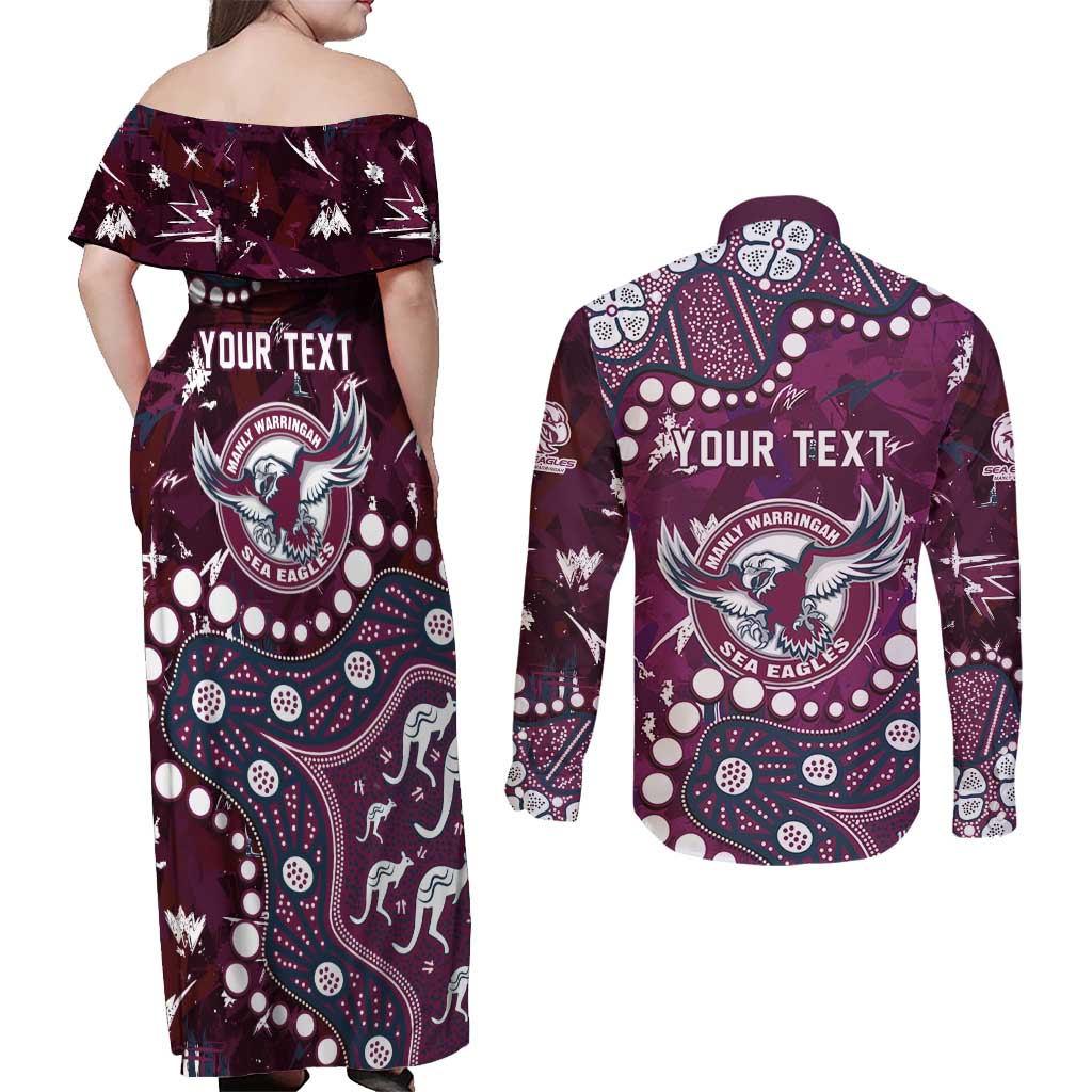 Personalized Manly Warringah Sea Eagles Couples Matching Off Shoulder Maxi Dress and Long Sleeve Button Shirt Aboriginal Pattern with Graffiti Style Design
