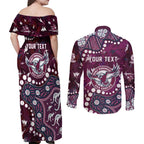 Personalized Manly Warringah Sea Eagles Couples Matching Off Shoulder Maxi Dress and Long Sleeve Button Shirt Aboriginal Pattern with Graffiti Style Design