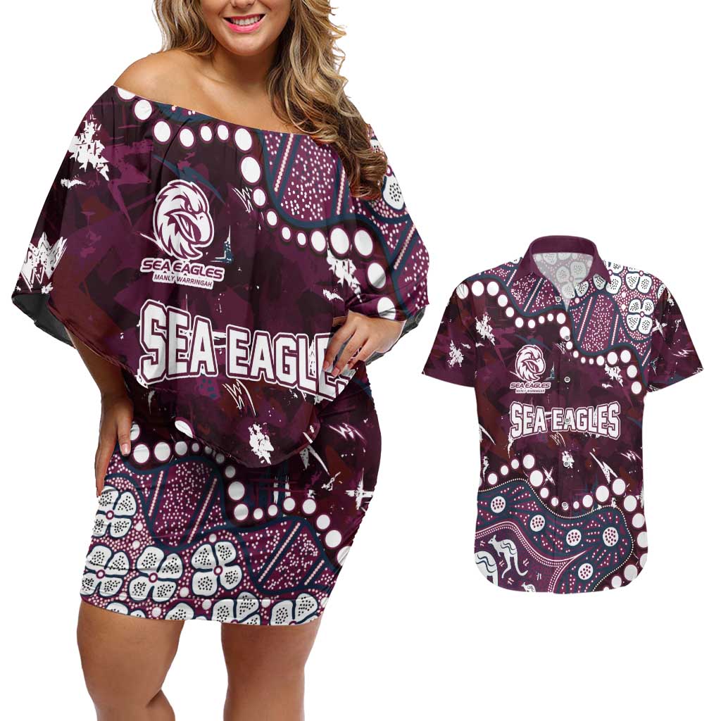 Personalized Manly Warringah Sea Eagles Couples Matching Off Shoulder Short Dress and Hawaiian Shirt Aboriginal Pattern with Graffiti Style Design