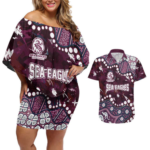 Personalized Manly Warringah Sea Eagles Couples Matching Off Shoulder Short Dress and Hawaiian Shirt Aboriginal Pattern with Graffiti Style Design
