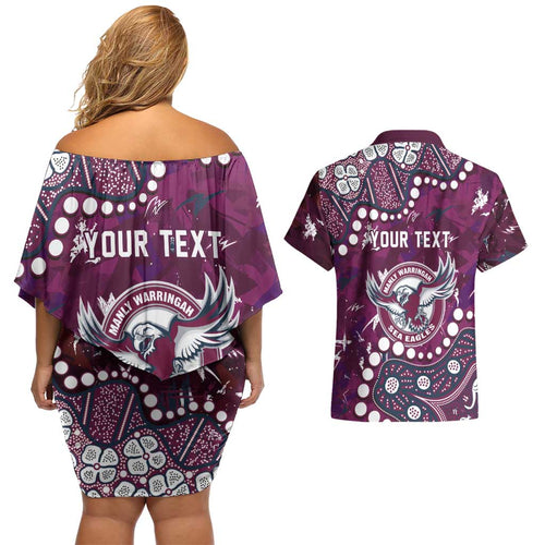 Personalized Manly Warringah Sea Eagles Couples Matching Off Shoulder Short Dress and Hawaiian Shirt Aboriginal Pattern with Graffiti Style Design