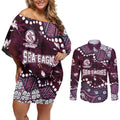 Personalized Manly Warringah Sea Eagles Couples Matching Off Shoulder Short Dress and Long Sleeve Button Shirt Aboriginal Pattern with Graffiti Style Design