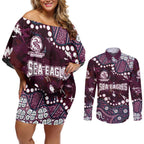 Personalized Manly Warringah Sea Eagles Couples Matching Off Shoulder Short Dress and Long Sleeve Button Shirt Aboriginal Pattern with Graffiti Style Design
