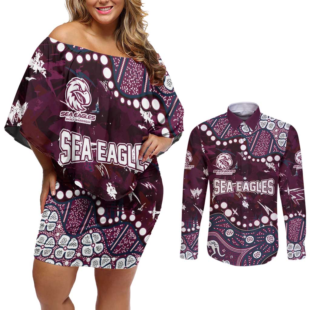 Personalized Manly Warringah Sea Eagles Couples Matching Off Shoulder Short Dress and Long Sleeve Button Shirt Aboriginal Pattern with Graffiti Style Design