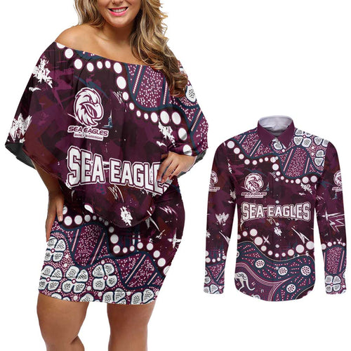 Personalized Manly Warringah Sea Eagles Couples Matching Off Shoulder Short Dress and Long Sleeve Button Shirt Aboriginal Pattern with Graffiti Style Design