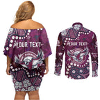 Personalized Manly Warringah Sea Eagles Couples Matching Off Shoulder Short Dress and Long Sleeve Button Shirt Aboriginal Pattern with Graffiti Style Design