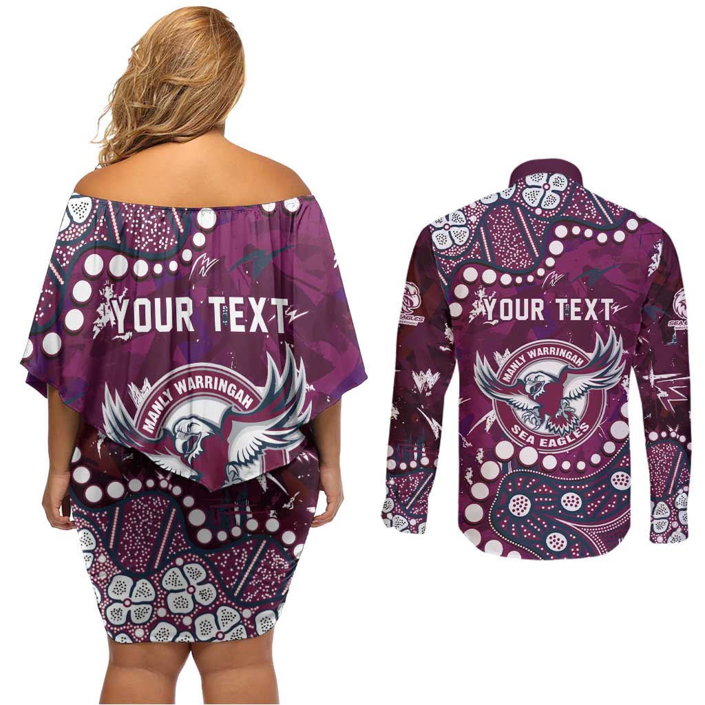 Personalized Manly Warringah Sea Eagles Couples Matching Off Shoulder Short Dress and Long Sleeve Button Shirt Aboriginal Pattern with Graffiti Style Design