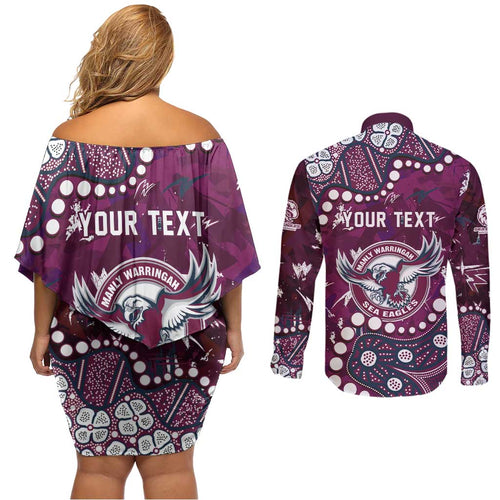 Personalized Manly Warringah Sea Eagles Couples Matching Off Shoulder Short Dress and Long Sleeve Button Shirt Aboriginal Pattern with Graffiti Style Design