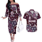 Personalized Manly Warringah Sea Eagles Couples Matching Off The Shoulder Long Sleeve Dress and Hawaiian Shirt Aboriginal Pattern with Graffiti Style Design