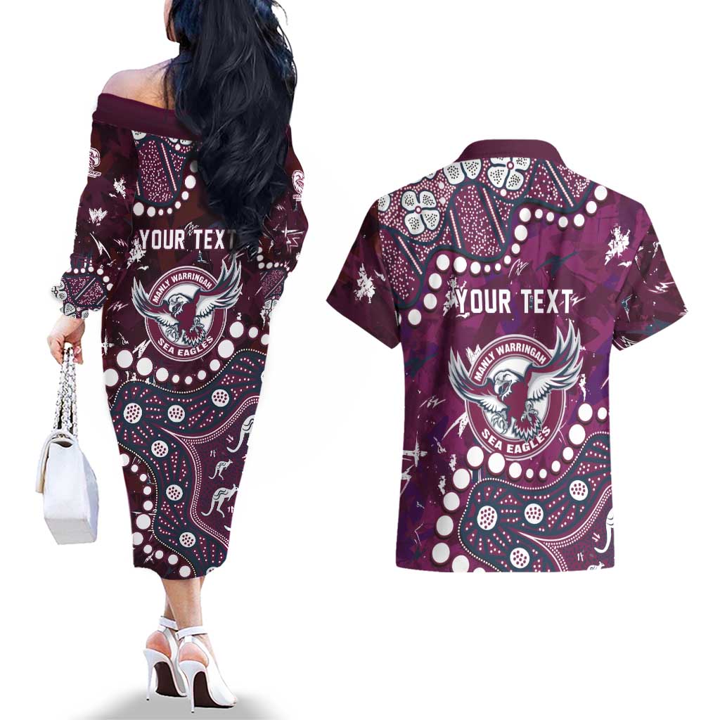 Personalized Manly Warringah Sea Eagles Couples Matching Off The Shoulder Long Sleeve Dress and Hawaiian Shirt Aboriginal Pattern with Graffiti Style Design