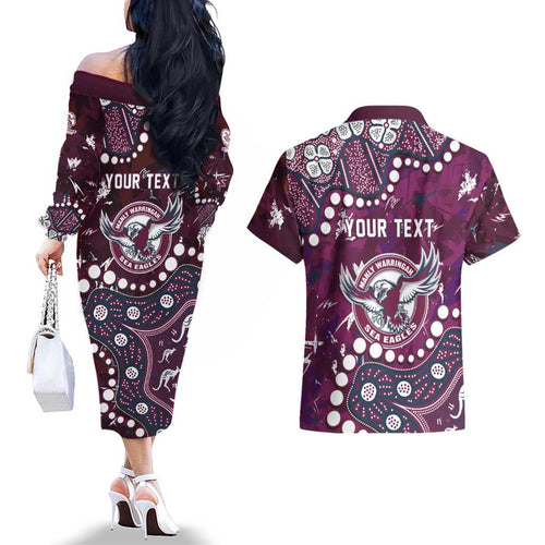 Personalized Manly Warringah Sea Eagles Couples Matching Off The Shoulder Long Sleeve Dress and Hawaiian Shirt Aboriginal Pattern with Graffiti Style Design