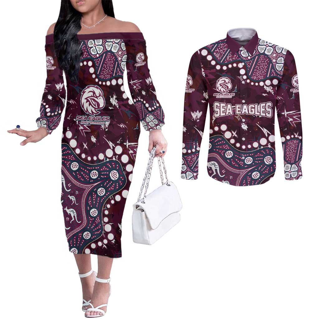 Personalized Manly Warringah Sea Eagles Couples Matching Off The Shoulder Long Sleeve Dress and Long Sleeve Button Shirt Aboriginal Pattern with Graffiti Style Design