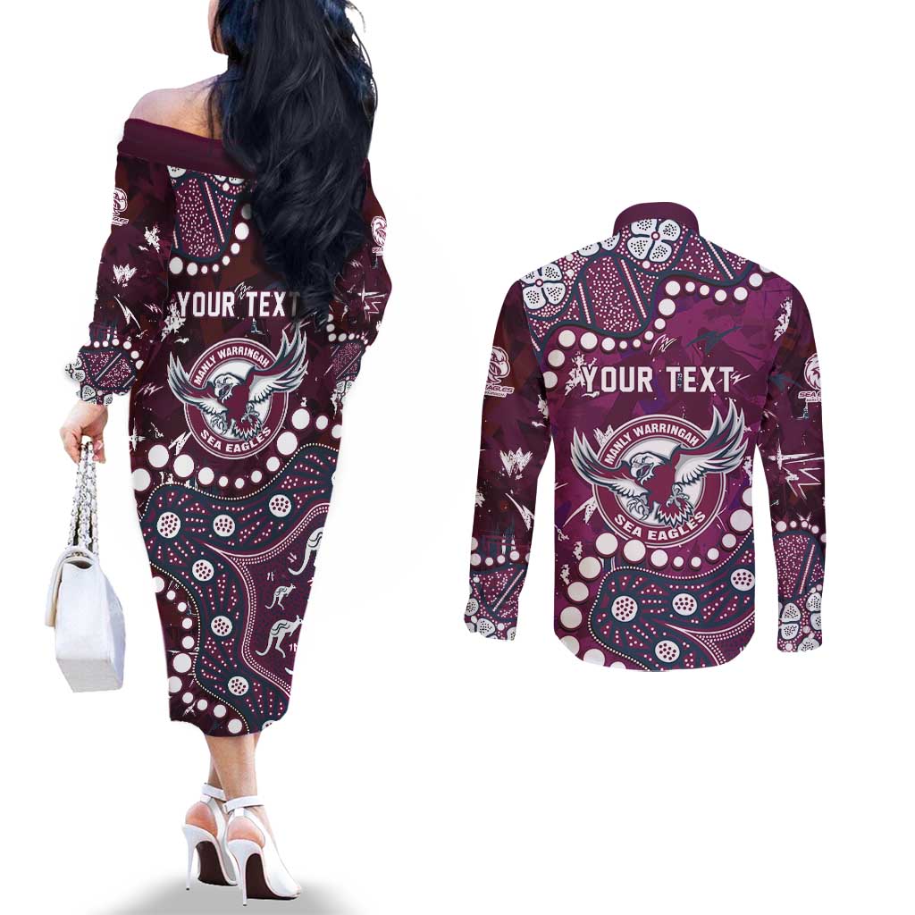 Personalized Manly Warringah Sea Eagles Couples Matching Off The Shoulder Long Sleeve Dress and Long Sleeve Button Shirt Aboriginal Pattern with Graffiti Style Design