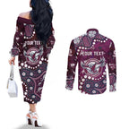 Personalized Manly Warringah Sea Eagles Couples Matching Off The Shoulder Long Sleeve Dress and Long Sleeve Button Shirt Aboriginal Pattern with Graffiti Style Design