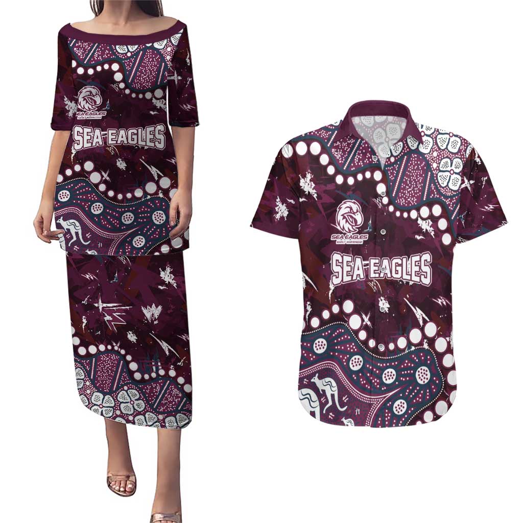 Personalized Manly Warringah Sea Eagles Couples Matching Puletasi and Hawaiian Shirt Aboriginal Pattern with Graffiti Style Design