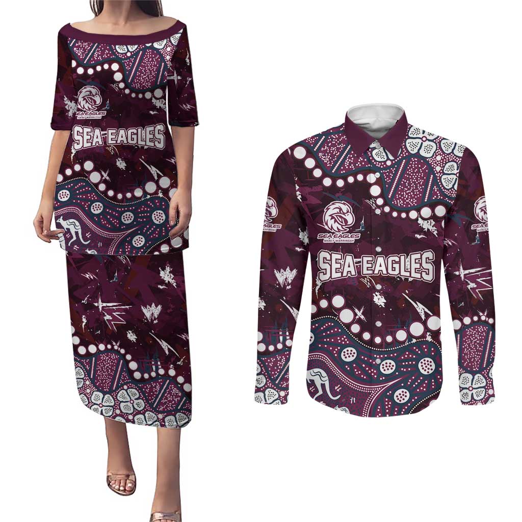 Personalized Manly Warringah Sea Eagles Couples Matching Puletasi and Long Sleeve Button Shirt Aboriginal Pattern with Graffiti Style Design