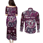 Personalized Manly Warringah Sea Eagles Couples Matching Puletasi and Long Sleeve Button Shirt Aboriginal Pattern with Graffiti Style Design