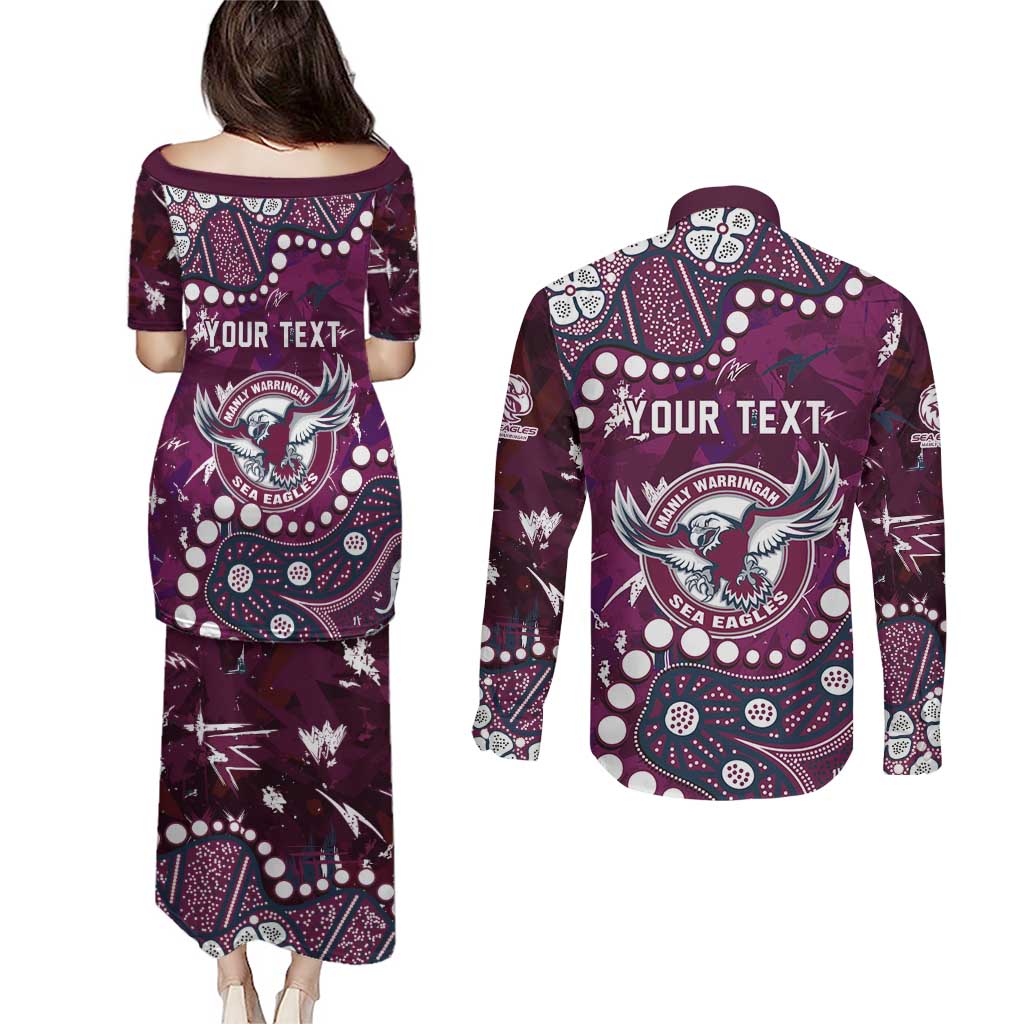 Personalized Manly Warringah Sea Eagles Couples Matching Puletasi and Long Sleeve Button Shirt Aboriginal Pattern with Graffiti Style Design