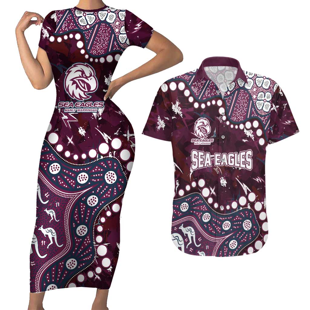 Personalized Manly Warringah Sea Eagles Couples Matching Short Sleeve Bodycon Dress and Hawaiian Shirt Aboriginal Pattern with Graffiti Style Design