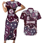 Personalized Manly Warringah Sea Eagles Couples Matching Short Sleeve Bodycon Dress and Hawaiian Shirt Aboriginal Pattern with Graffiti Style Design