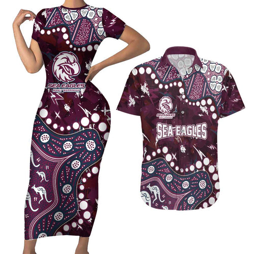 Personalized Manly Warringah Sea Eagles Couples Matching Short Sleeve Bodycon Dress and Hawaiian Shirt Aboriginal Pattern with Graffiti Style Design