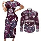Personalized Manly Warringah Sea Eagles Couples Matching Short Sleeve Bodycon Dress and Long Sleeve Button Shirt Aboriginal Pattern with Graffiti Style Design