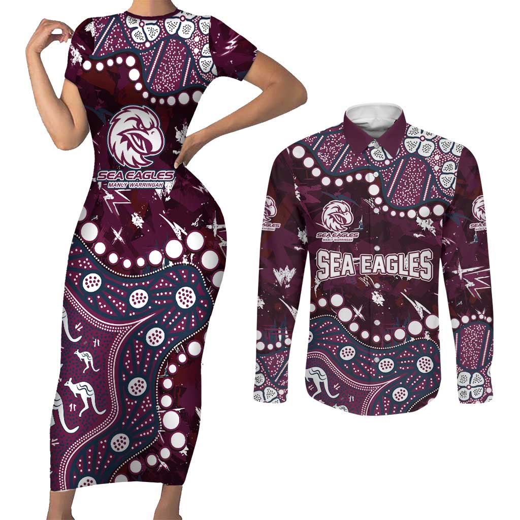 Personalized Manly Warringah Sea Eagles Couples Matching Short Sleeve Bodycon Dress and Long Sleeve Button Shirt Aboriginal Pattern with Graffiti Style Design