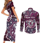 Personalized Manly Warringah Sea Eagles Couples Matching Short Sleeve Bodycon Dress and Long Sleeve Button Shirt Aboriginal Pattern with Graffiti Style Design