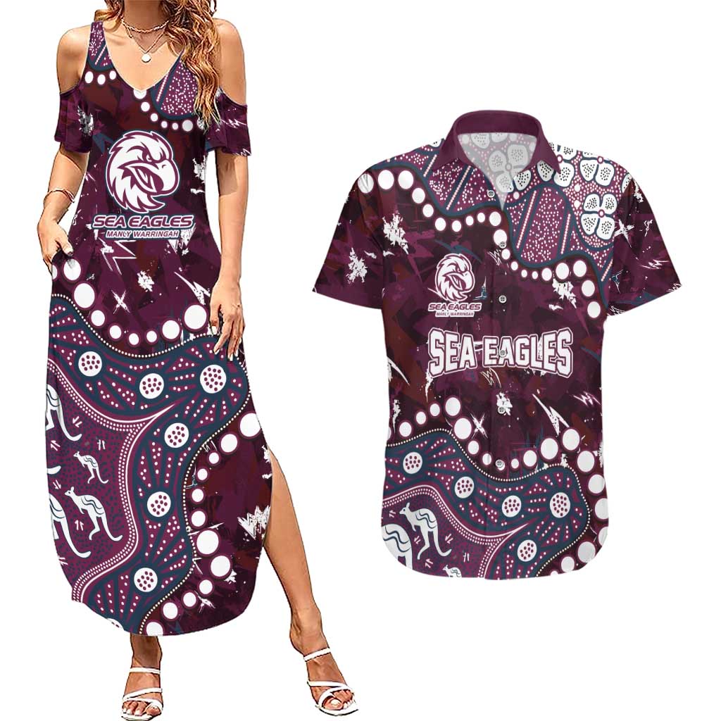 Personalized Manly Warringah Sea Eagles Couples Matching Summer Maxi Dress and Hawaiian Shirt Aboriginal Pattern with Graffiti Style Design