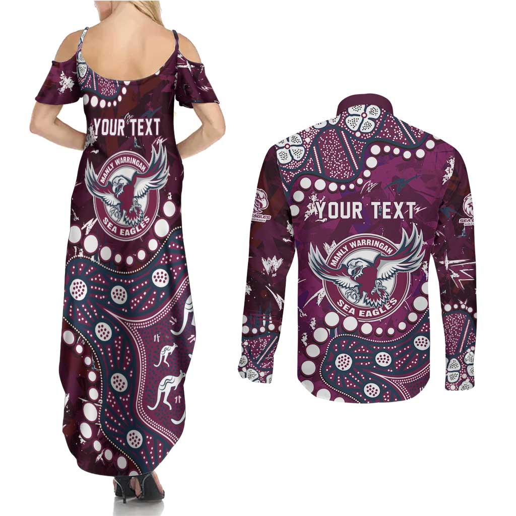 Personalized Manly Warringah Sea Eagles Couples Matching Summer Maxi Dress and Long Sleeve Button Shirt Aboriginal Pattern with Graffiti Style Design