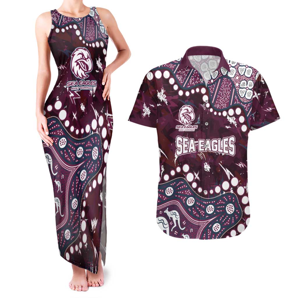 Personalized Manly Warringah Sea Eagles Couples Matching Tank Maxi Dress and Hawaiian Shirt Aboriginal Pattern with Graffiti Style Design