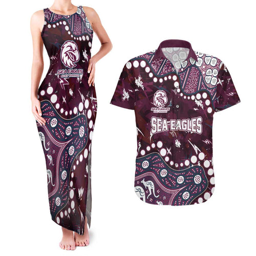 Personalized Manly Warringah Sea Eagles Couples Matching Tank Maxi Dress and Hawaiian Shirt Aboriginal Pattern with Graffiti Style Design