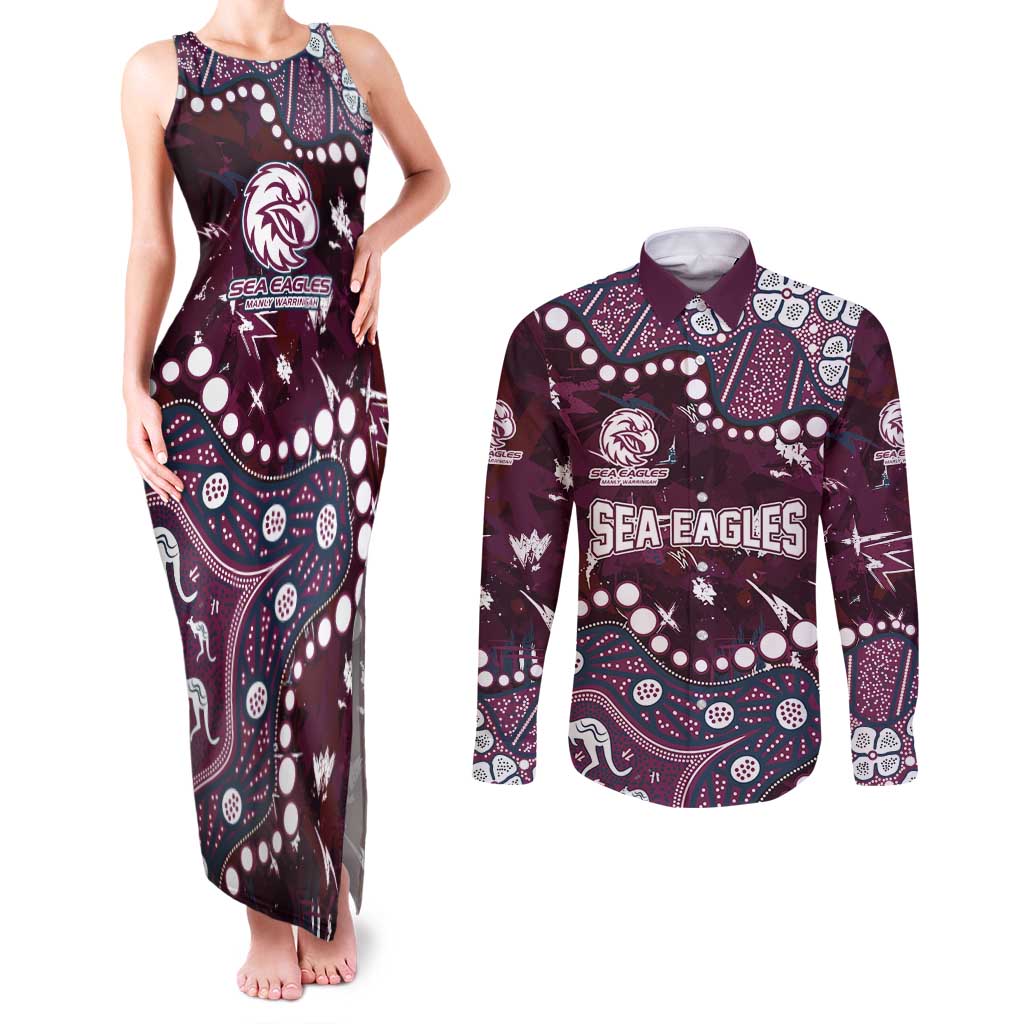 Personalized Manly Warringah Sea Eagles Couples Matching Tank Maxi Dress and Long Sleeve Button Shirt Aboriginal Pattern with Graffiti Style Design