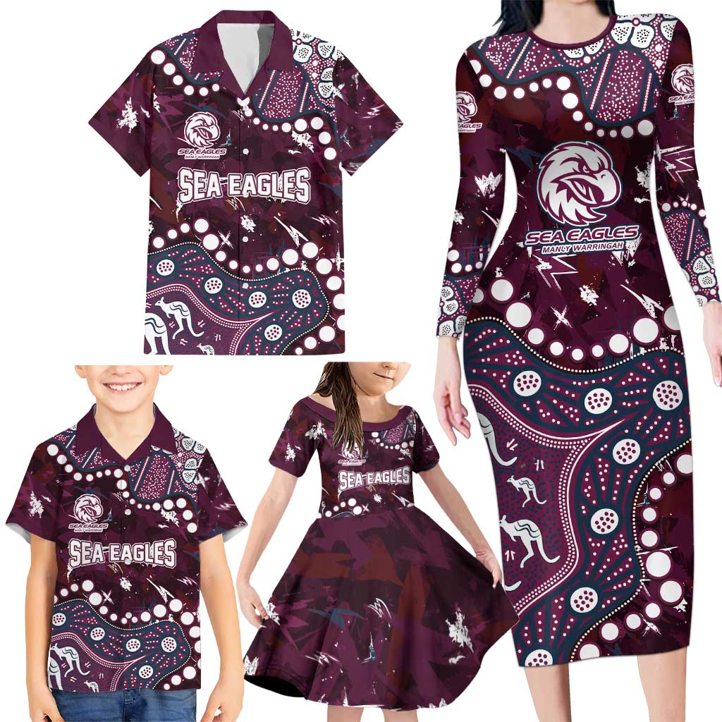 Personalized Manly Warringah Sea Eagles Family Matching Long Sleeve Bodycon Dress and Hawaiian Shirt Aboriginal Pattern with Graffiti Style Design