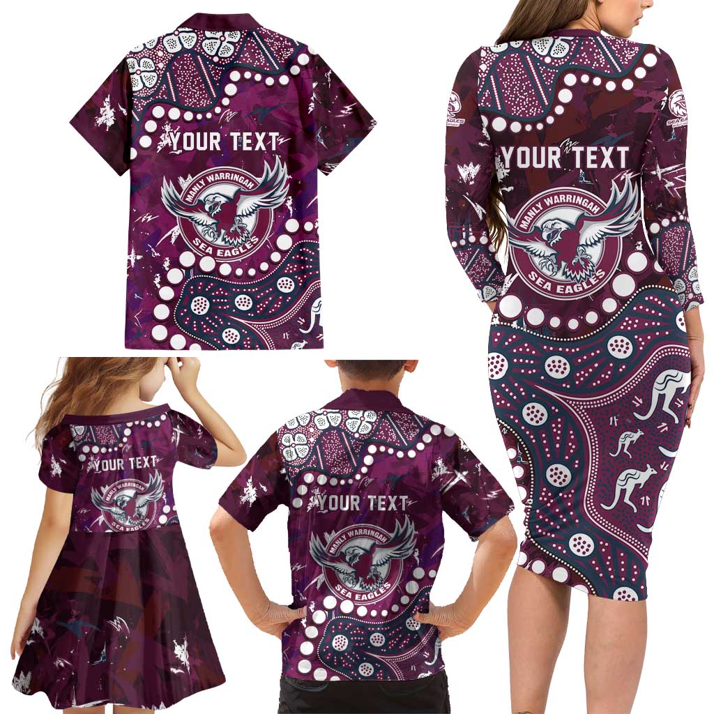 Personalized Manly Warringah Sea Eagles Family Matching Long Sleeve Bodycon Dress and Hawaiian Shirt Aboriginal Pattern with Graffiti Style Design