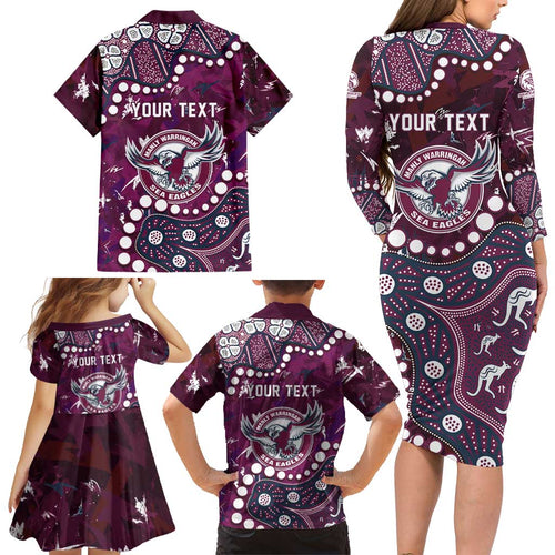 Personalized Manly Warringah Sea Eagles Family Matching Long Sleeve Bodycon Dress and Hawaiian Shirt Aboriginal Pattern with Graffiti Style Design