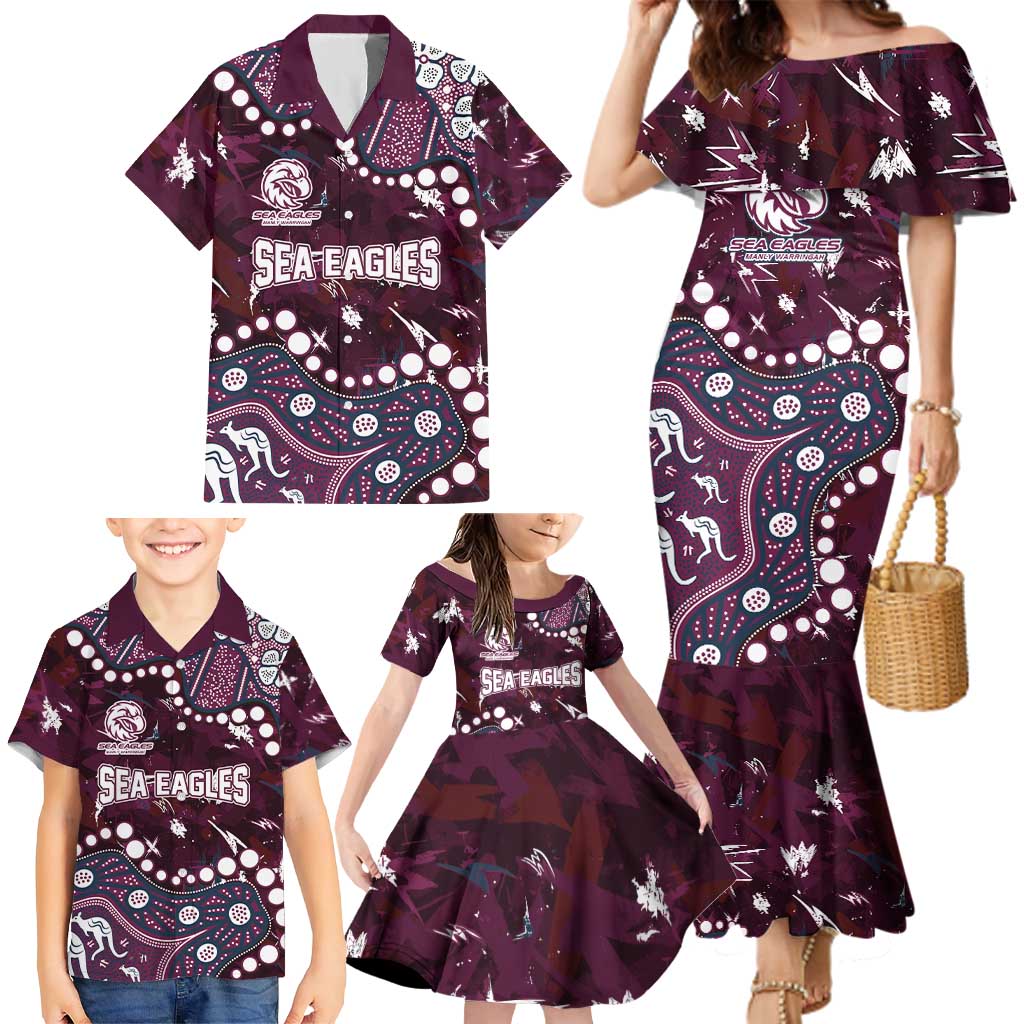 Personalized Manly Warringah Sea Eagles Family Matching Mermaid Dress and Hawaiian Shirt Aboriginal Pattern with Graffiti Style Design
