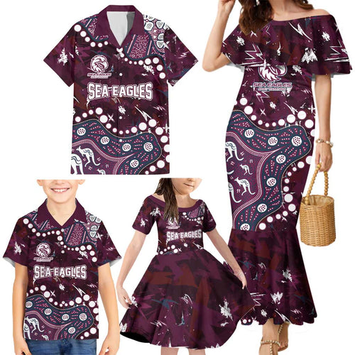 Personalized Manly Warringah Sea Eagles Family Matching Mermaid Dress and Hawaiian Shirt Aboriginal Pattern with Graffiti Style Design