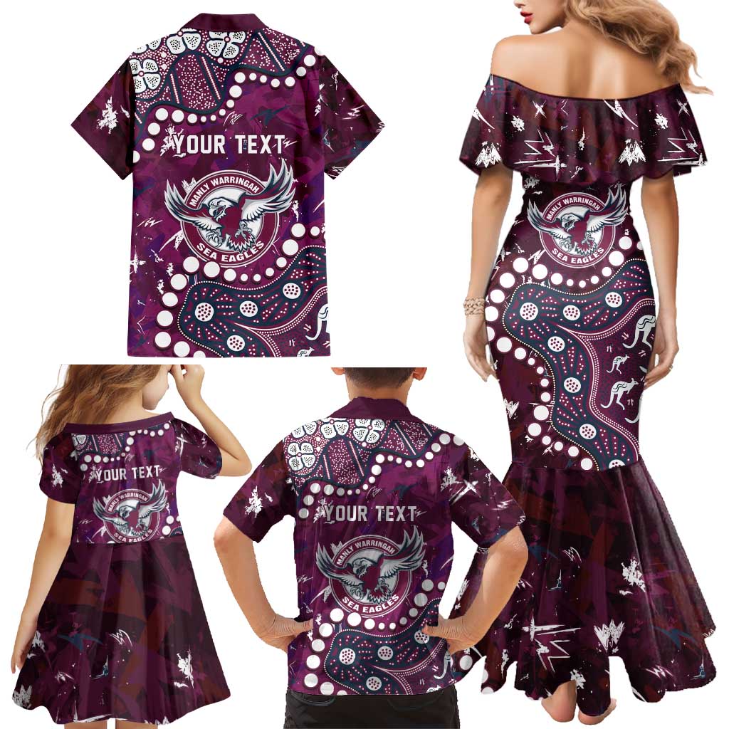 Personalized Manly Warringah Sea Eagles Family Matching Mermaid Dress and Hawaiian Shirt Aboriginal Pattern with Graffiti Style Design