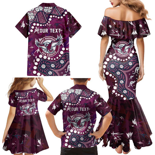 Personalized Manly Warringah Sea Eagles Family Matching Mermaid Dress and Hawaiian Shirt Aboriginal Pattern with Graffiti Style Design