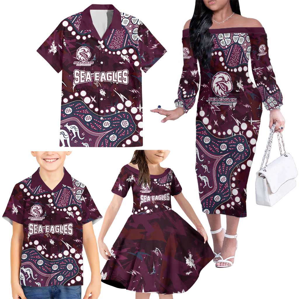 Personalized Manly Warringah Sea Eagles Family Matching Off The Shoulder Long Sleeve Dress and Hawaiian Shirt Aboriginal Pattern with Graffiti Style Design