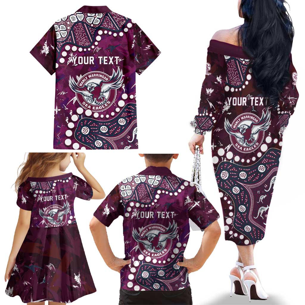 Personalized Manly Warringah Sea Eagles Family Matching Off The Shoulder Long Sleeve Dress and Hawaiian Shirt Aboriginal Pattern with Graffiti Style Design