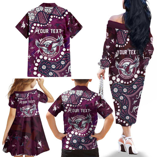 Personalized Manly Warringah Sea Eagles Family Matching Off The Shoulder Long Sleeve Dress and Hawaiian Shirt Aboriginal Pattern with Graffiti Style Design
