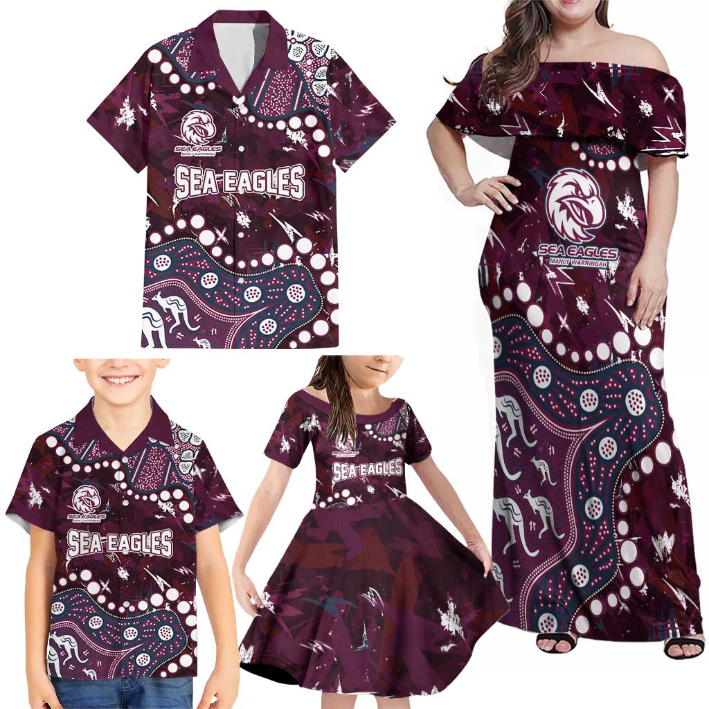 Personalized Manly Warringah Sea Eagles Family Matching Off Shoulder Maxi Dress and Hawaiian Shirt Aboriginal Pattern with Graffiti Style Design