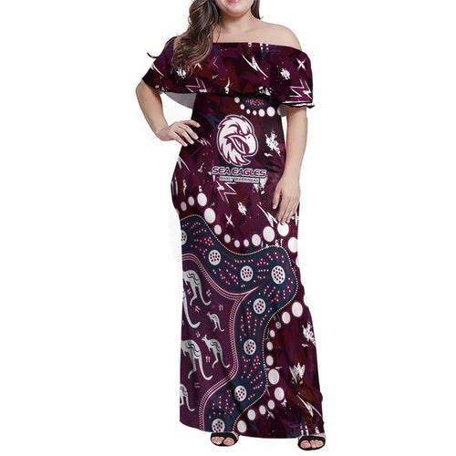 Personalized Manly Warringah Sea Eagles Family Matching Off Shoulder Maxi Dress and Hawaiian Shirt Aboriginal Pattern with Graffiti Style Design