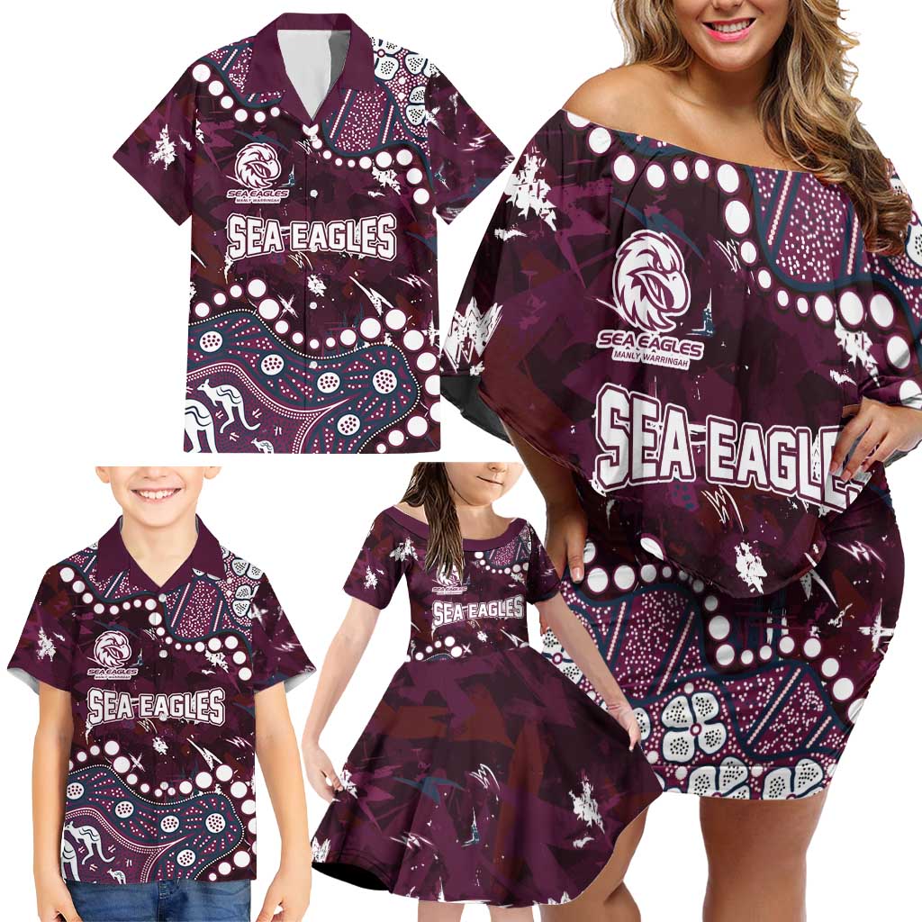 Personalized Manly Warringah Sea Eagles Family Matching Off Shoulder Short Dress and Hawaiian Shirt Aboriginal Pattern with Graffiti Style Design